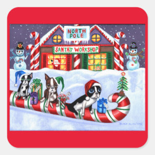 Boston Terriers Candy Cane Santa Christmas Snowman Quadratischer Aufkleber
