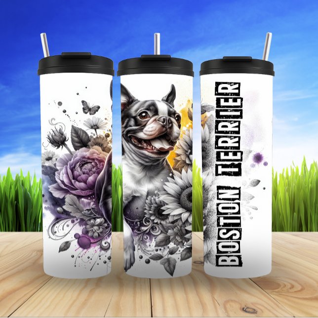 Boston Terrier's Graustufen Garden Glee Thermosbecher (Von Creator hochgeladen)