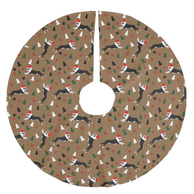 Boston Terriers Weihnachtszeit Weihnachtsmannmütze Polyester Weihnachtsbaumdecke (Vorderseite)