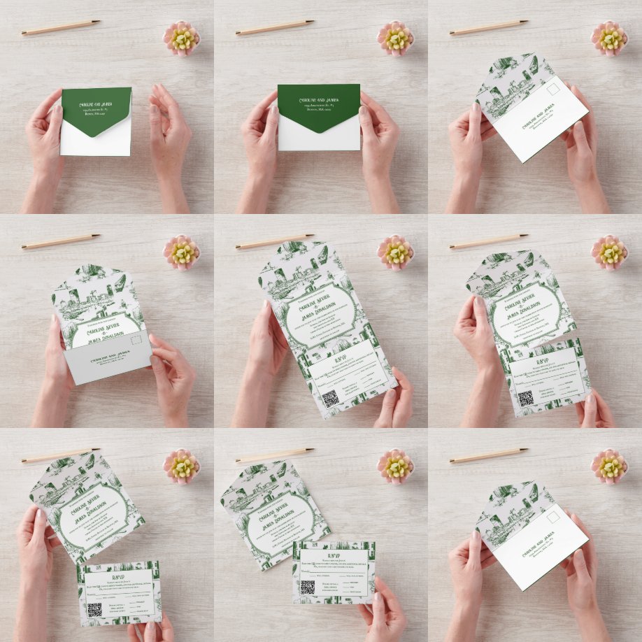 Boston Toile Forest Green AllinOne Wedite Einladun All In One Einladung