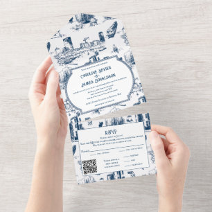 Boston Toile Navy All-in-One-Hochzeits-Einladung All In One Einladung