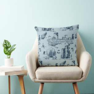 Boston Toile Navy auf Blue Throw Kissen