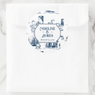 Boston Toile Navy Hochzeit personalisierter 3" Auf Runder Aufkleber