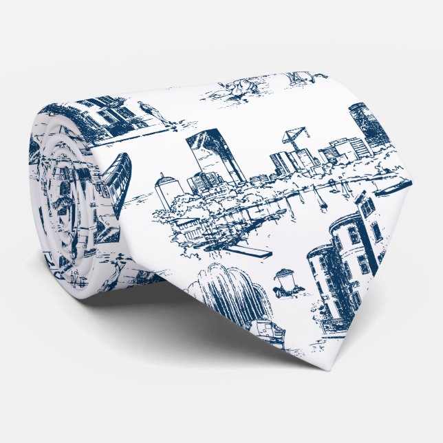 Boston Toile Navy und White Neck Tie Krawatte (Gerollt)