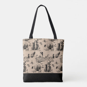 Boston Toile Tan Colorblock Tote Bag