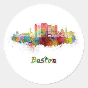 Boston V2 skyline im Watercolor Runder Aufkleber