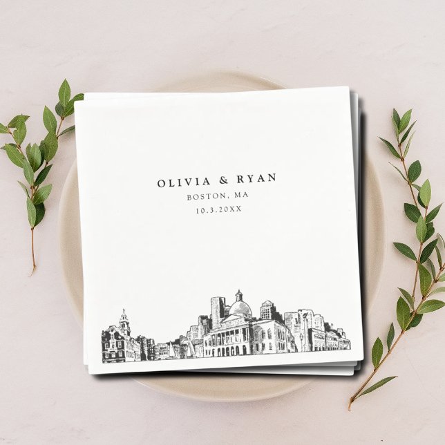 Boston Wedding Cocktail Napkin Serviette (Boston wedding napkins with black and white skyline sketch personalized with your names and date )