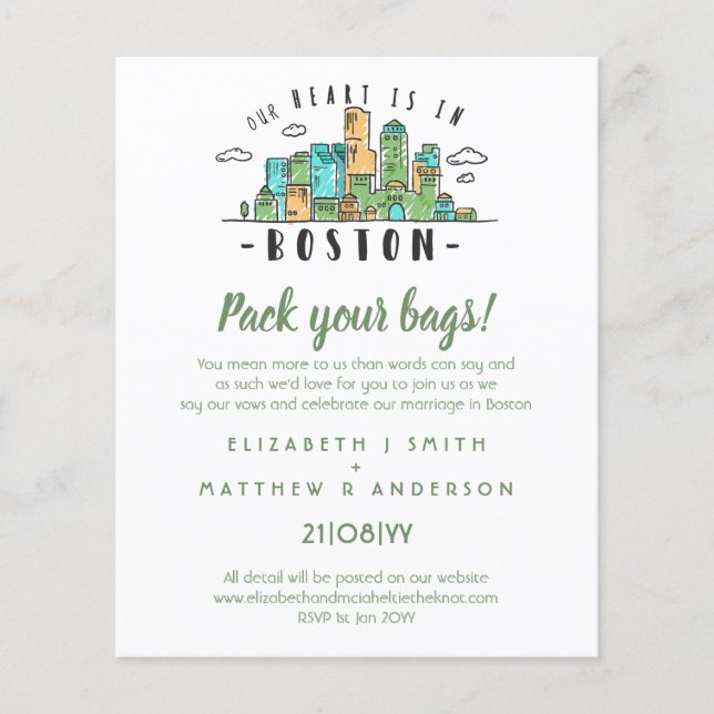 BOSTON Wedding Handgezeichnete Skyline Moderne Ein (Vorderseite)