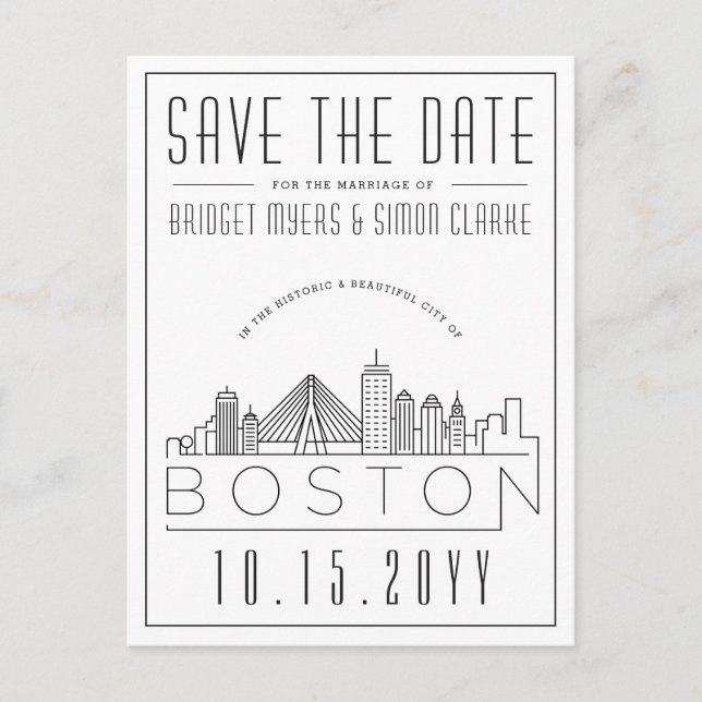 Boston Wedding | Stilisierte Skyline Save the Date Postkarte (Vorderseite)