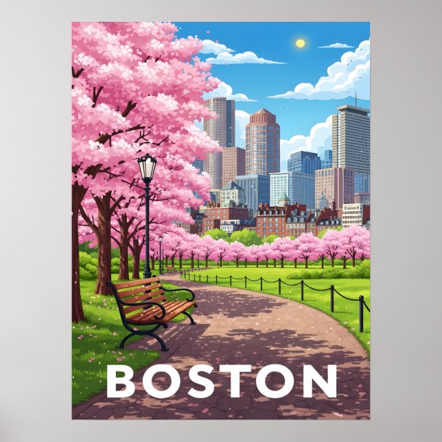 Bostoner Skyline unter blühenden Kirschblüten Poster (Vorne)