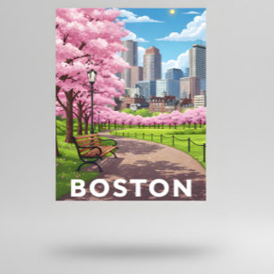 Bostoner Skyline unter blühenden Kirschblüten Postkarte