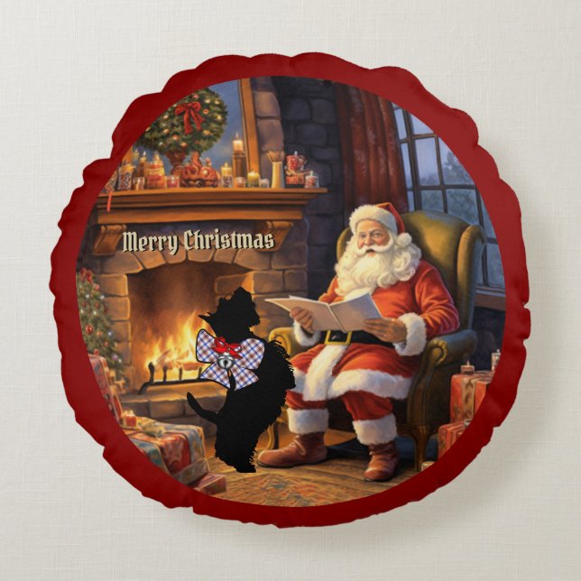 Boswell Scottie Dog & Santa Personalisierte Weihna Rundes Kissen (Vorderseite)