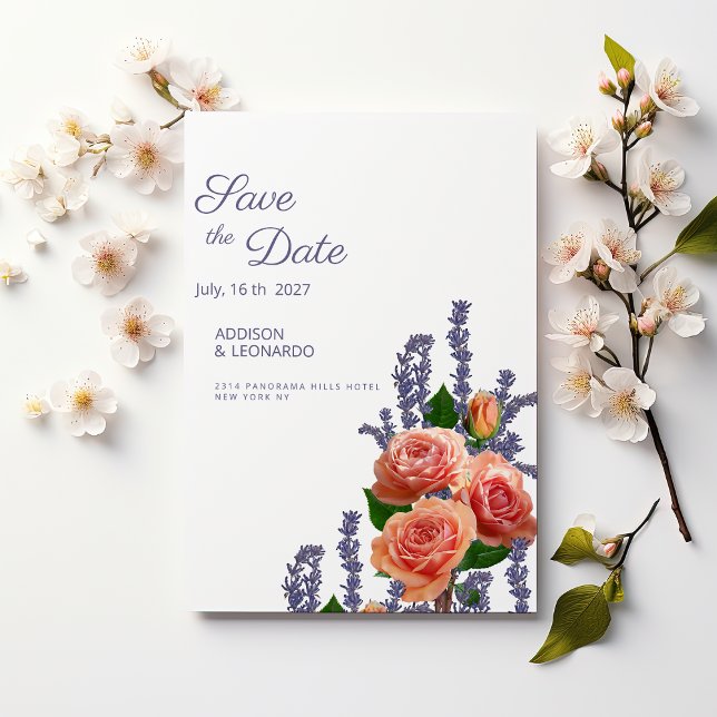 Botanic lavender peach rose flowers Save the Date  Einladung (Botanic lavender peach rose flowers Save the Date )