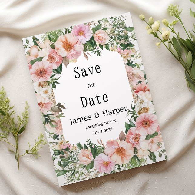 Botanic pink blossom summer floral Save the Date  Einladung (Botanic pink blossom summer floral Save the Date)