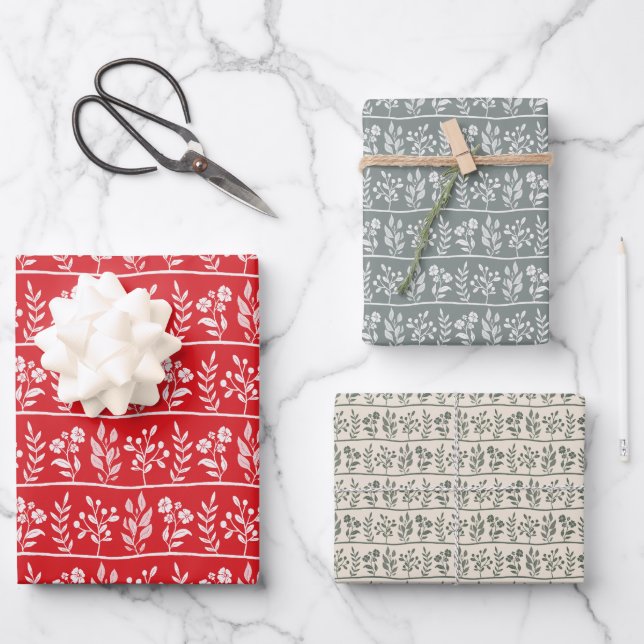 Botanic Rhapsody L white silhouette red green xmas Geschenkpapier Set (Vorderseite)