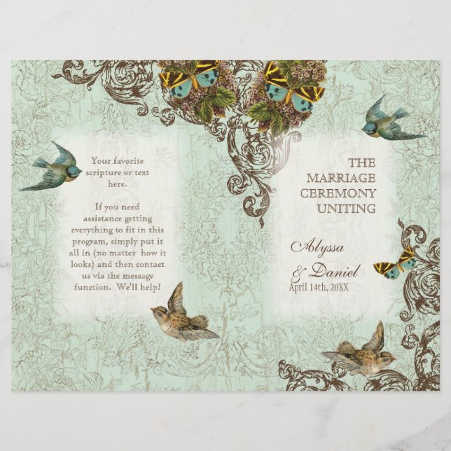 Botanica Birds Butterfly Swirl Hochzeitsprogramm (Vorderseite)