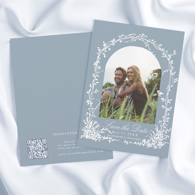Botanical Arch Garden Dusty Blue Wedding Photo Save The Date (Front & Back)