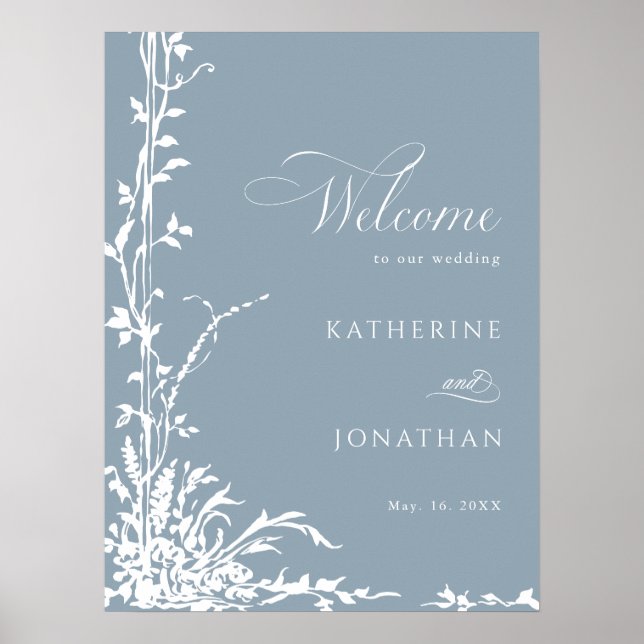 Botanical Arch Garden Dusty Blue Wedding Welcome Poster (Vorne)