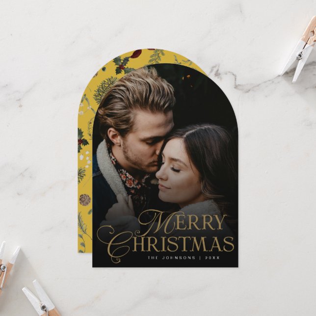 Botanical Arch Photo Gold Christmas Holiday Card Einladung (Vorderseite/Rückseite Beispiel)