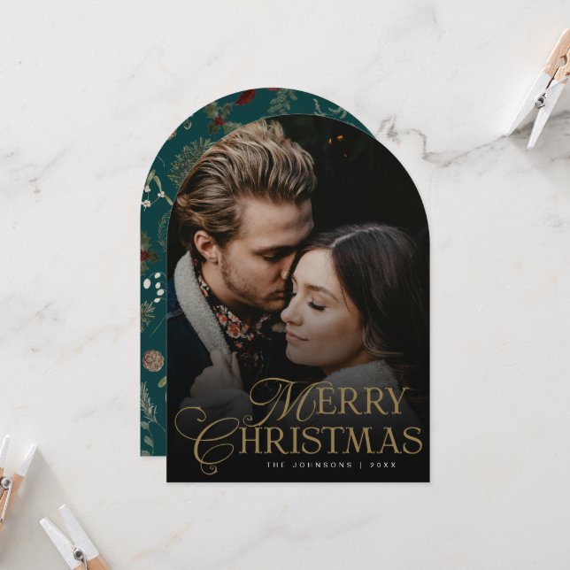 Botanical Arch Photo Green Christmas Holiday Card Einladung (Vorderseite/Rückseite Beispiel)