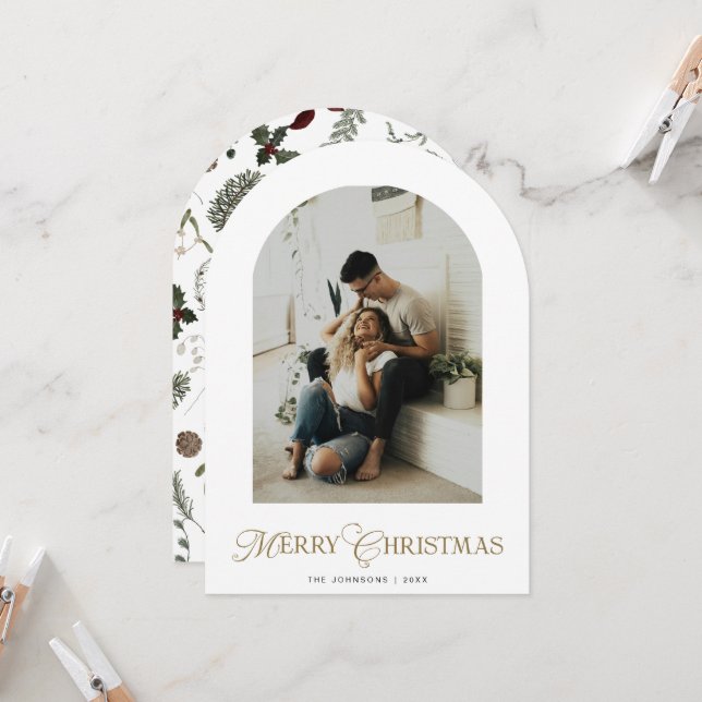 Botanical Arch Photo Merry Christmas Holiday Card Einladung (Vorderseite/Rückseite Beispiel)