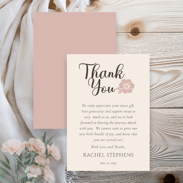 Botanical Baby Shower Thank You Card Blush Pink Dankeskarte (Elegant botanical baby shower thank you card with pink floral accent on neutral background )