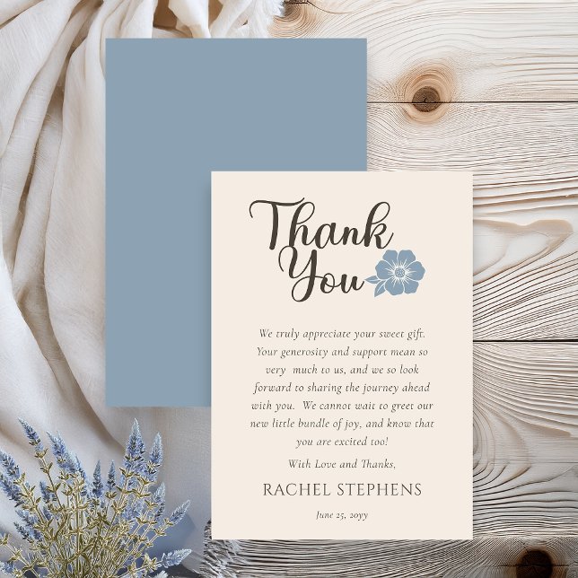 Botanical Baby Shower Thank You Card Sage Blue Dankeskarte (Elegant botanical baby shower thank you card with blue sage floral accent on neutral background)