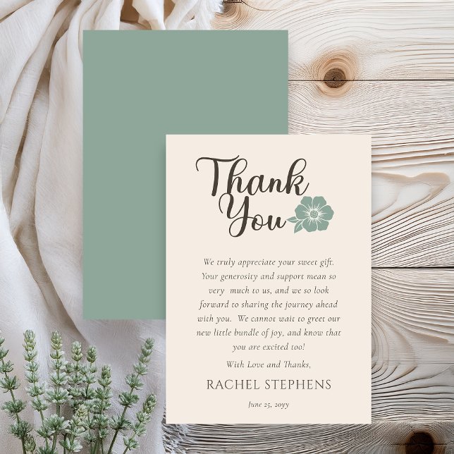 Botanical Baby Shower Thank You Card Sage Dankeskarte (Elegant botanical baby shower thank you card with sage green floral accent on neutral background)