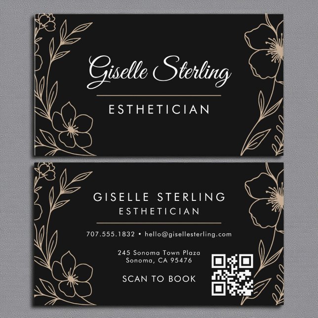 Botanical Black QR Code Esthetician Floral Visitenkarte (Von Creator hochgeladen)