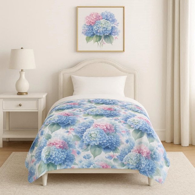 Botanical blue and pink Hydrangea  Fleecedecke (Large (60x80) blanket shown on twin size bed.  Blanket is smaller than shown )