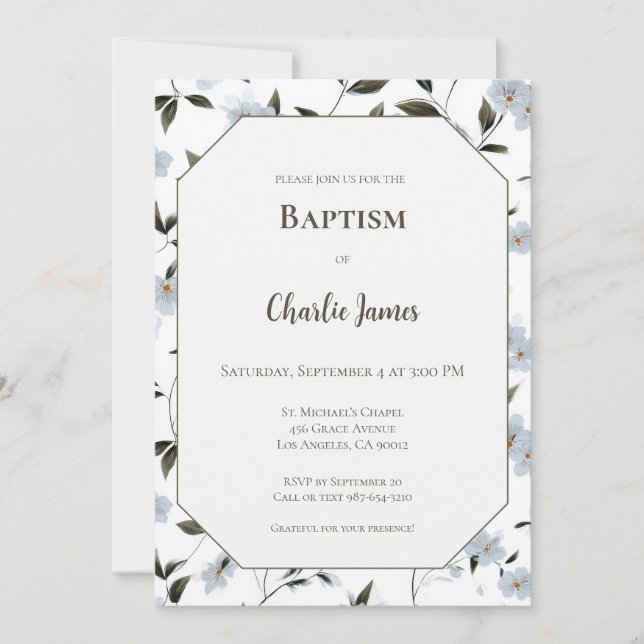 Botanical Blue Green Baptism Invitation (Vorderseite)