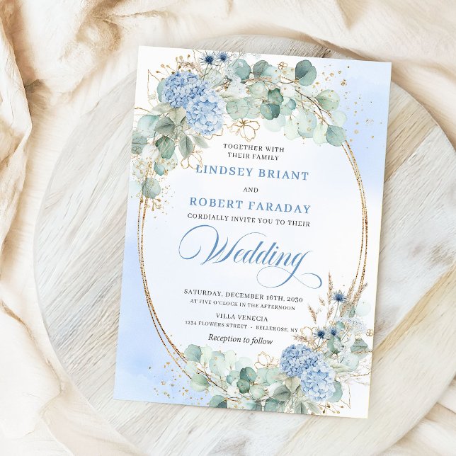 Botanical Blue Hydrangea Eucalyptus Wedding Invite Einladung (Botanical Blue Hydrangea Eucalyptus Wedding Invitation)