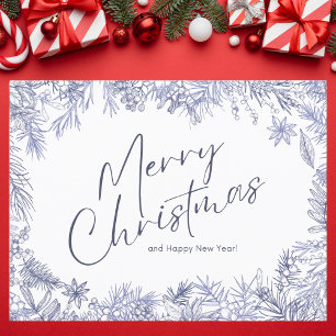 Botanical Blue Merry Christmas Illustration Postkarte