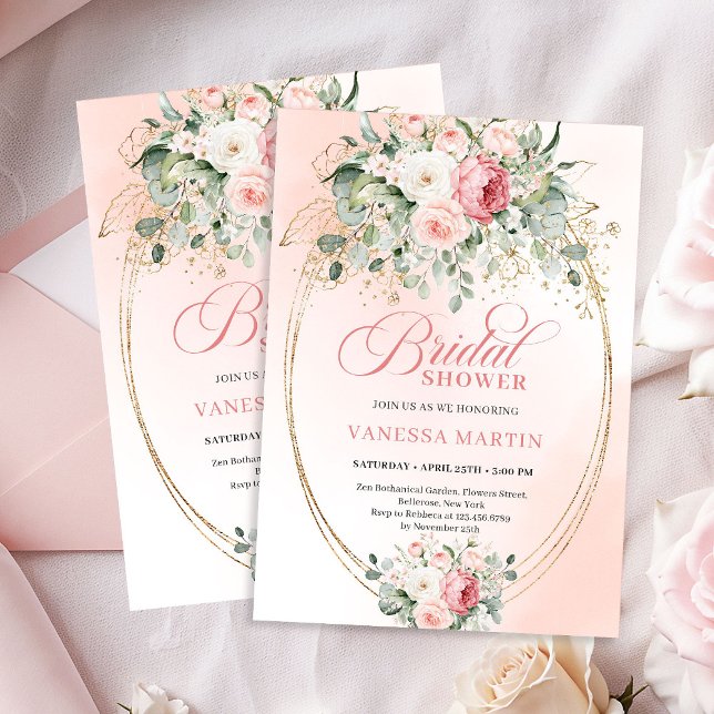 Botanical Blush Roses Bridal Shower Gold Invitatio Einladung (Botanical Blush Roses Bridal Shower Gold Invitation)