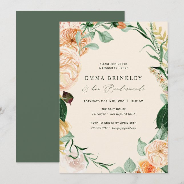 Botanical Boho Peach Bridesmaids Luncheon Brunch Einladung (Vorne/Hinten)