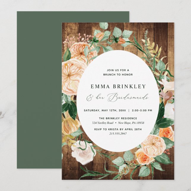 Botanical Boho Wood Bridesmaids Luncheon Brunch Einladung (Vorne/Hinten)