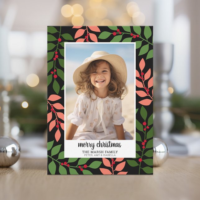 Botanical Border Coral Black - Vertical Photo Feiertagskarte (A modern holiday card with a coral, black and green botanical border.)