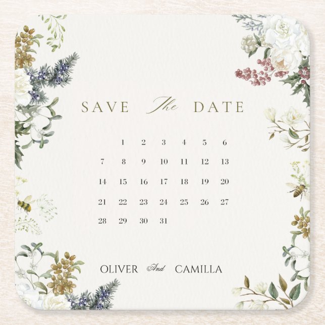 Botanical Calendar Save the Date Card Template Rechteckiger Pappuntersetzer (Vorderseite)