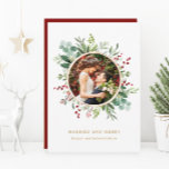Botanical Christmas Gold Married and Merry Foto Feiertagskarte<br><div class="desc">This Foto von Christmas Holiday card feys painted watercolor eucalyptus,  green leaves,  red berries,  pine Zweige und a Gold Circle Frame with optional text on the back. For more advanced customization of this design,  please click the customize further link. Matching items are are available.</div>