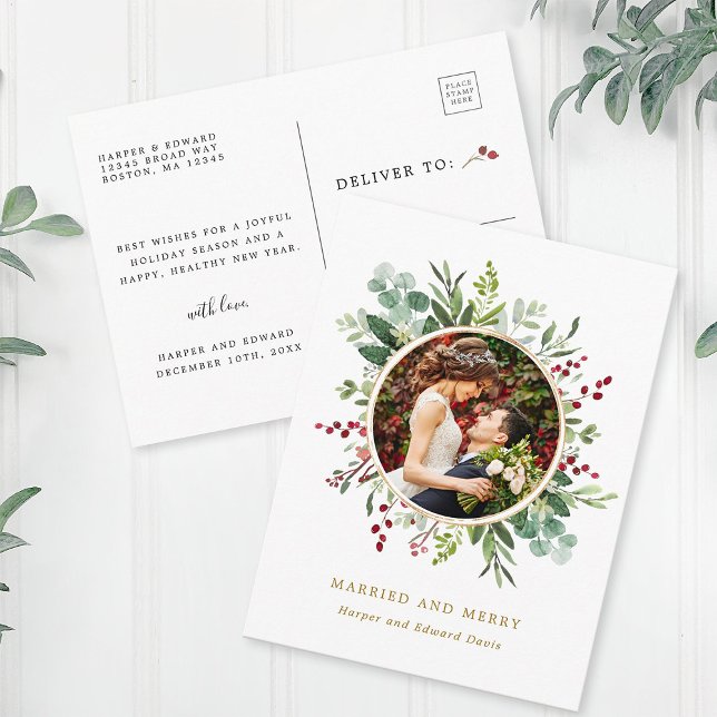 Botanical Christmas Gold Married and Merry Foto Postkarte (Front & Back)