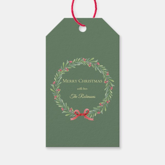 Botanical Christmas Wreath Modern Script  Geschenkanhänger (Vorderseite)