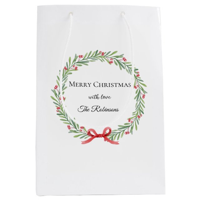 Botanical Christmas Wreath Modern Script Mittlere Geschenktüte (Vorderseite)