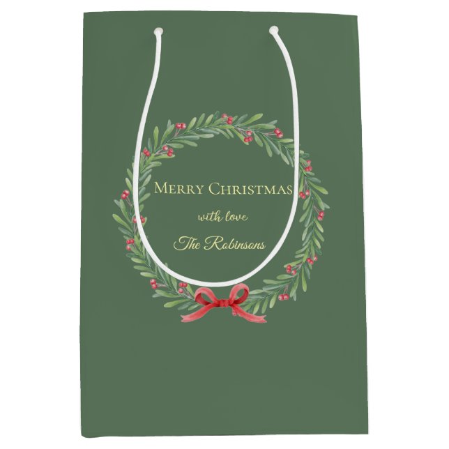 Botanical Christmas Wreath Modern Script Mittlere Geschenktüte (Vorderseite)