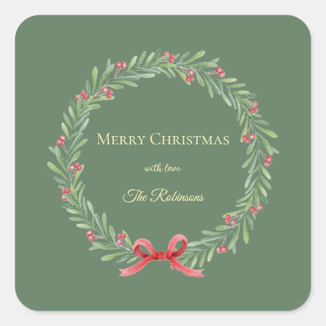 Botanical Christmas Wreath Modern Script  Quadratischer Aufkleber (Vorderseite)