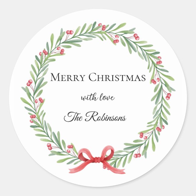 Botanical Christmas Wreath Modern Script Runder Aufkleber (Vorderseite)