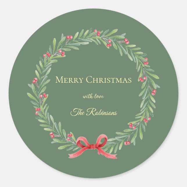 Botanical Christmas Wreath Modern Script  Runder Aufkleber (Vorderseite)