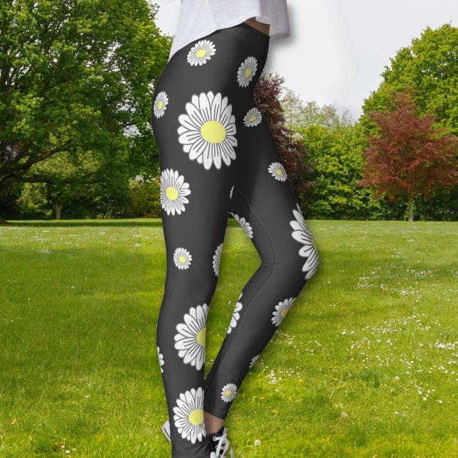 Botanical Daisy Blume Black Leggings (Daisy Flower Black Legging)