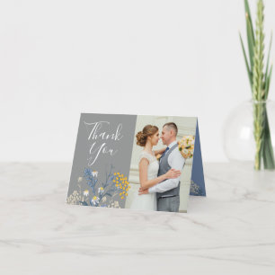 Botanical Daisy Yellow & Blue Wedding Vielen Dank Karte