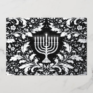 Botanical elegant silver menorah Hannukah Folien Feiertagskarte