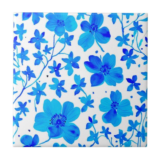 Botanical Floral in Deep Blue and White  Fliese (Vorderseite)